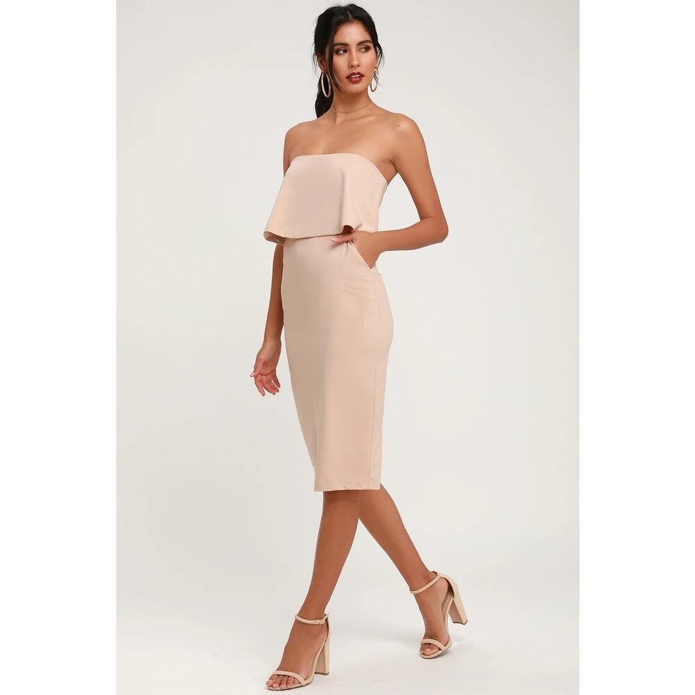 Lulus Lots of Love Beige Strapless Midi Dress